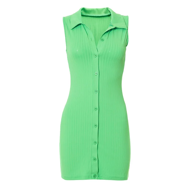 

Summer Slim Mini Dress for Women Green Color Sleeveless and Button Bodycon Dresses Turn-down Collar Vintage Short Dress