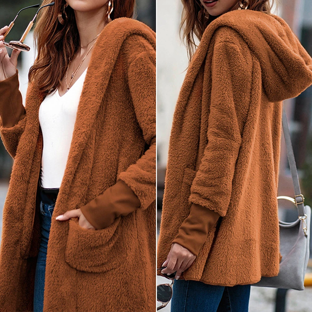 Женское пальто осень зима новый карман с капюшоном сплошной цвет длинный рукав