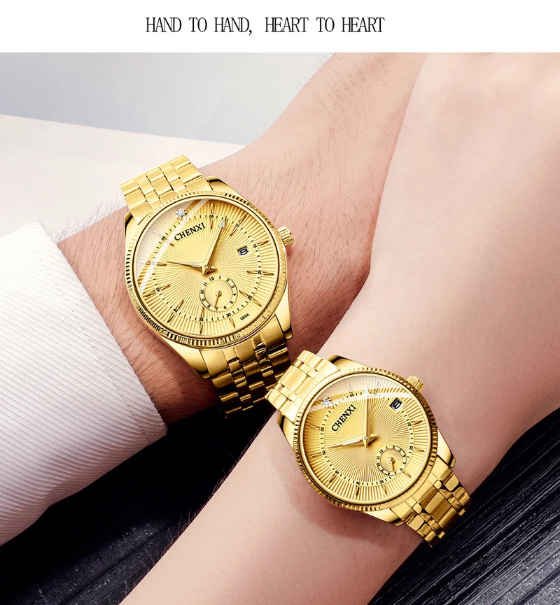 

CHENXI Full Gold Couple Watch Men's Calendar Display Luminous Waterproof Luxury Ladies Business Casual Exquisite Watches WA195