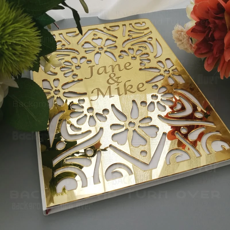 

Guest Book Wedding Guestbook Personalized Custom Mirror Signature Decor Engrave Carve Gifts For Guests Cover Gift Album G009