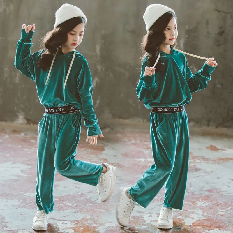 Модная одежда для девочек Осенний свитер с капюшоном и штаны Комплект из 2