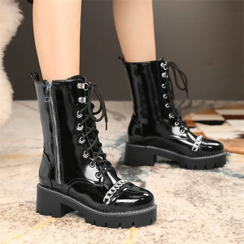 

Сапоги женские на шнуровке, сапоги с круглым носком, на толстой подошве, на цепочке, большие размеры 34-43, в британском стиле