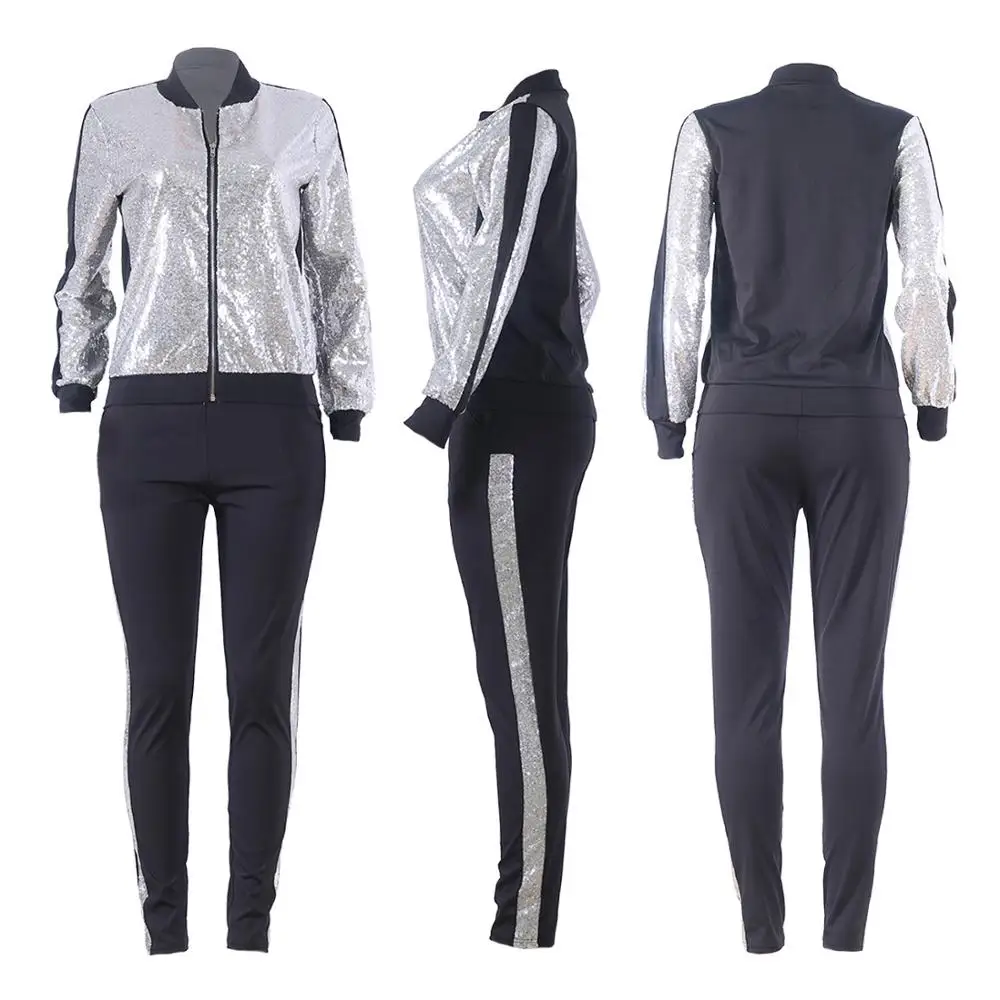 

European new fashion stitching Sequin sport two piece set loose V-Neck long sleeve zipper coat and trousers women's suit