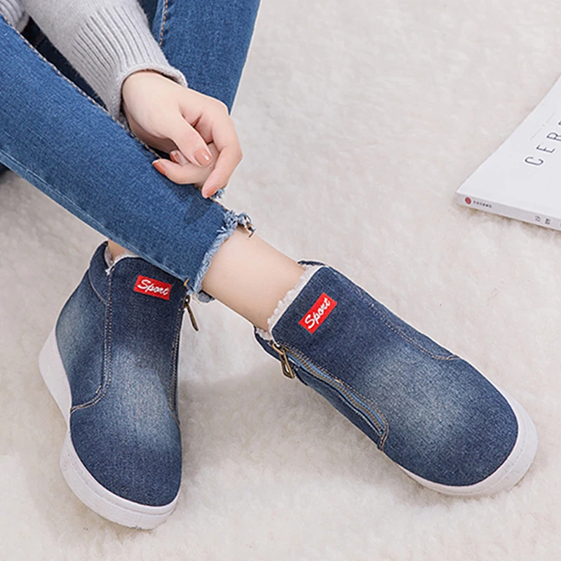 

Winter Shoes Women Denim Snow Boots Platform Warm Fleeces Classic High Top Round Toe Flat Casual Shoes Sneakers zapatos de mujer