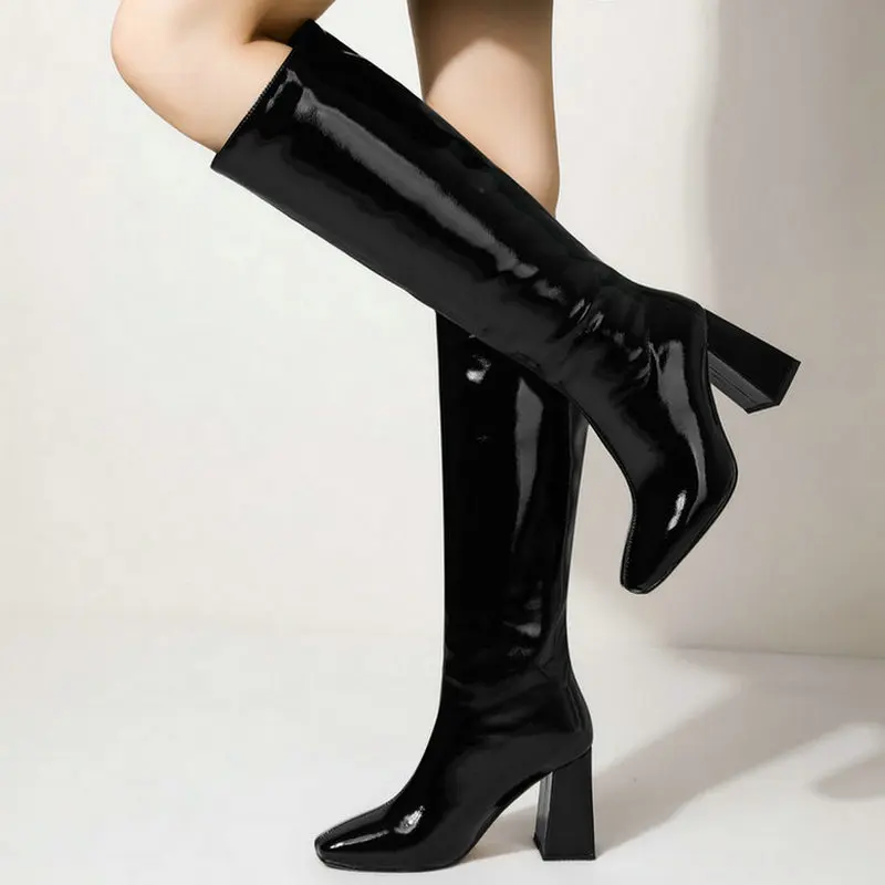 

2021 Autumn Winter Women Knee High Boots Patent PU Leather Women Chunky High Heel Boots Square Toe Slip on Woman's Boots Black