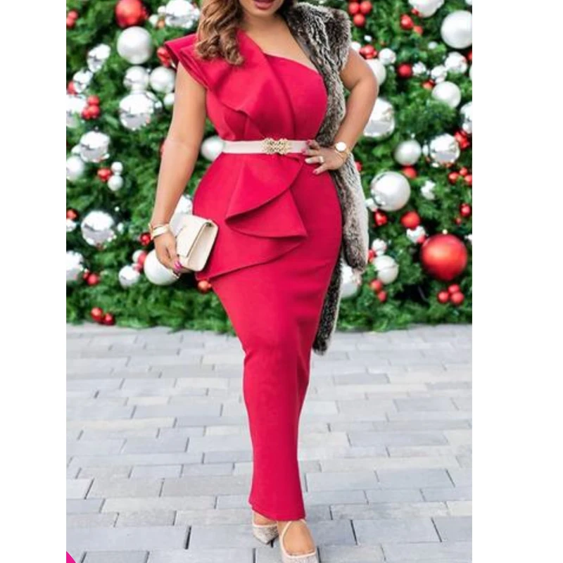 Женское рождественское платье с оборками на одно плечо вечерние платья рюшами