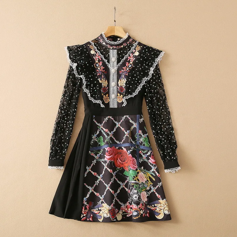 

European and American women's clothing spring 2021 new Long sequin lace sleeves collar Fashion patchwork print black dress