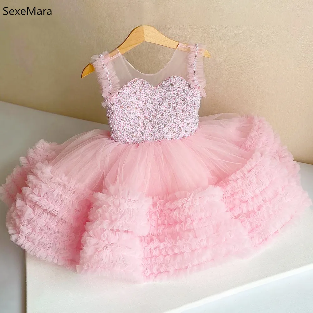 

Beautiful Pink Baby Girls Dresses Fluffy Tulle Pearls Knee Length First Communion Girls Pageant Gown Birthday Party Dress