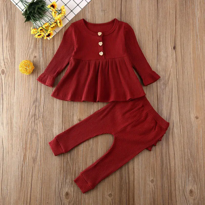 Infant Kids Baby Girl Boys Clothes Sets Solid Long Sleeve Knitted Tops Dress+Ruffle Leggings Pants Outfits | Детская одежда и