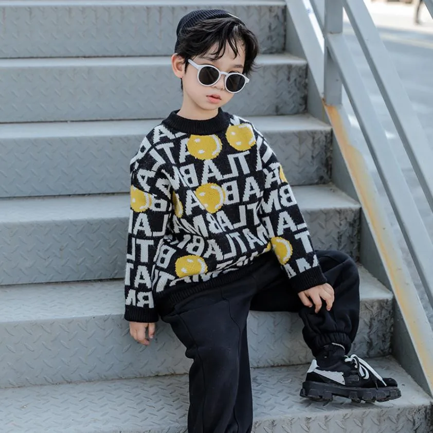 

Korean Fashion Knit Sweaters Clothing For Toddlers Boys Letter Pattern Knitting Pullovers Winter Warm Cotton Sweater Tops L646