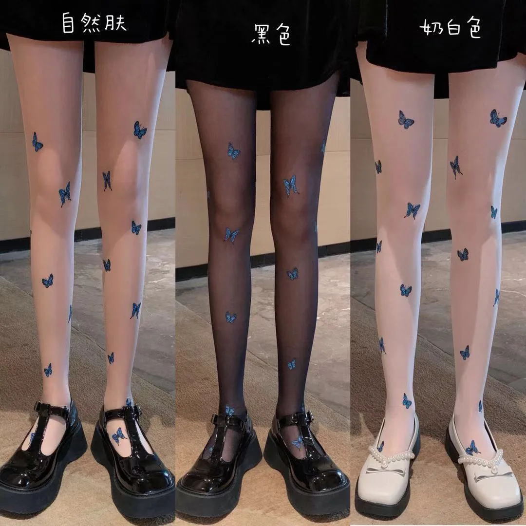 

LEGG Hot New Blue Butterfly Silk Stockings Lolita Cartoon Socks Spring Summer Loli Cosplay Sexy Thin Tight Leggings
