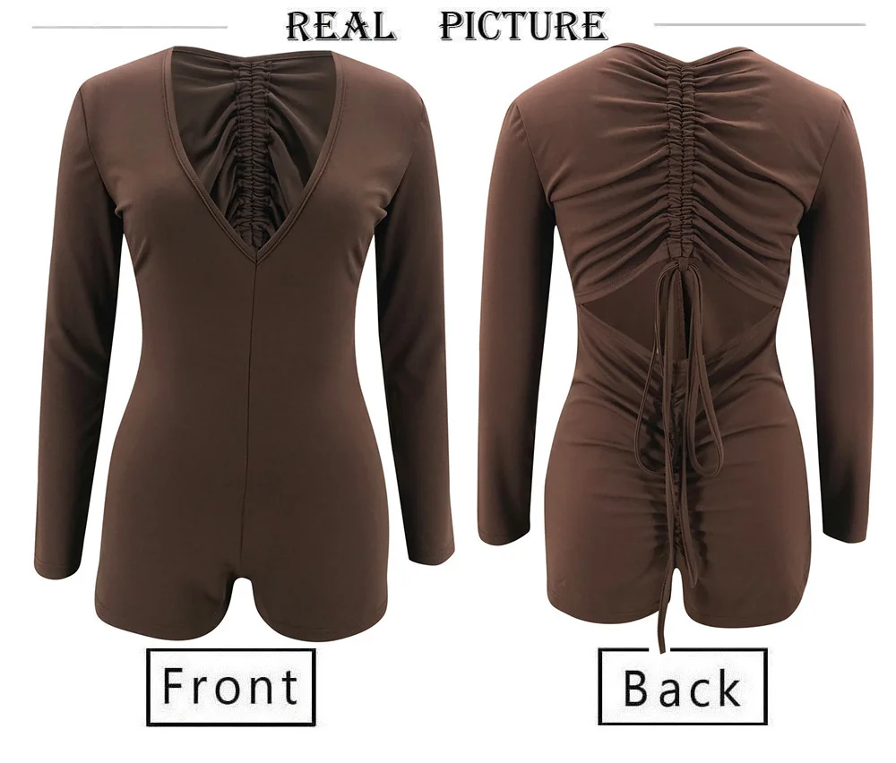 

Women Romper Cotton Blend Sexy Skinny Jumpsuit Solid Brown Long Sleeve Deep V-neck Tight One-piece Back Hollow Leotard 5XL