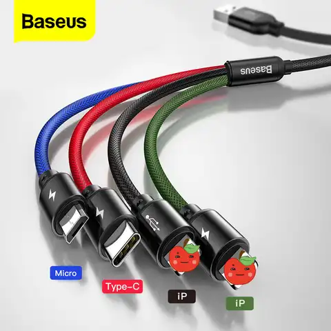 Baseus 3 в 1 USB кабель для iPhone 12 11 Pro Xr Xs Max Быстрая зарядка 4 в 1 кабель Type C Type-c кабель Micro USB для Мобильный телефон