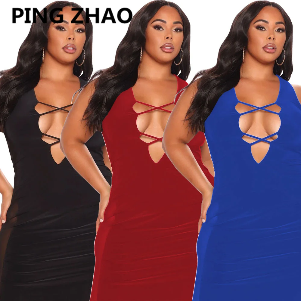 

PING ZHAO Plus Size Sleeveless Pure Color Hollow-out Mesh Spliced Dress Sexy High Waist Slim Nightclub Club Dress