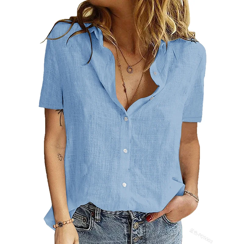 

Mandylandy Women Summer Loose Shirt Ladies Elegant Short Sleeve Turn Down Collar Single Breasted Bottoming T-shirt
