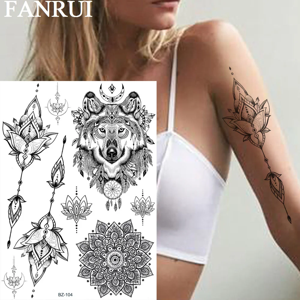 FANRUI Лотос Будда Племенной Волк временные татуировки наклейки искусственная