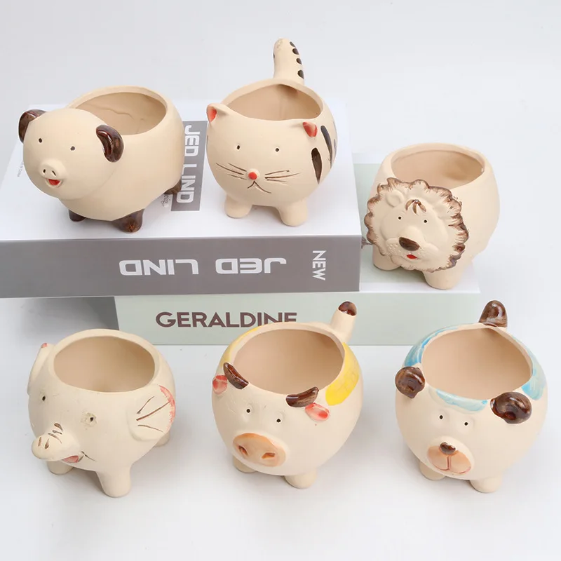 Керамический цветочный горшок с мультяшными животными со львом слоном