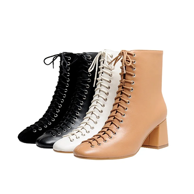 

new fashion woman ankle boots high quality genuine leather handmade autumn winter boots cross-tied high heels boots woman shoes