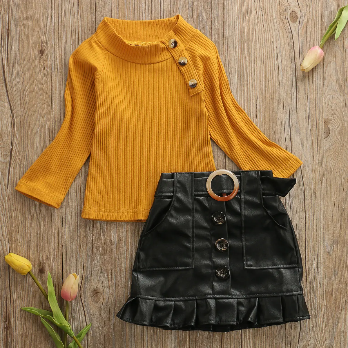 

New Kids Toddler Baby Girl Solid Knitted Tops Pu Leather Dress Mini Skirt Outfits