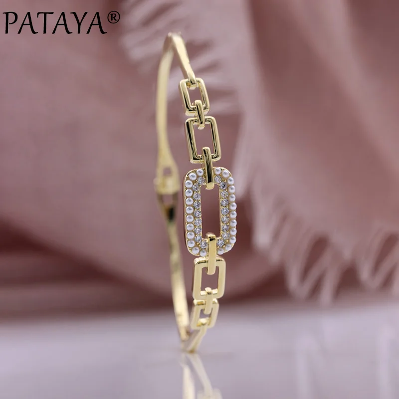 

PATAYA New Belt Buckle Women Bangle 585 Rose Gold Luxury White Shell Pearl Party Micro-wax Inlay Natural Zircon Fashion Jewelry