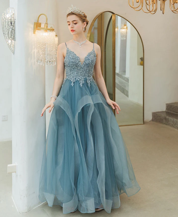 SSYFashion Новое романтическое синее вечернее платье, для банкета, элегантное, с v-образным вырезом, Appliuques, с блестками, в пол, вечернее платье Vestido De Noche