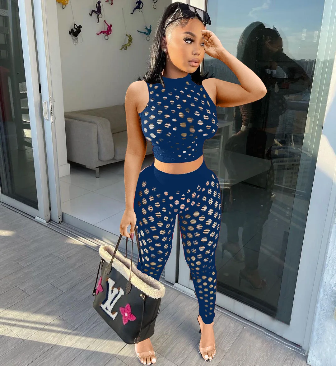 

Womens Hollow Out Hole Black Tracksuit Sleeveless Slim Fit Crop Top and Pencil Legging 2 Piece Matching Sets Summer Outfit Hot