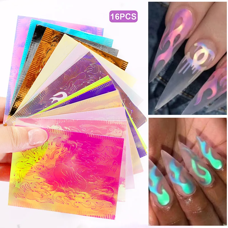 

16/24PCS Flame Leaf Nail Stickers Aurora Fire Holographic Strip Tape Reflective Adhesive Foils Laser Stamping Nails Art Decal
