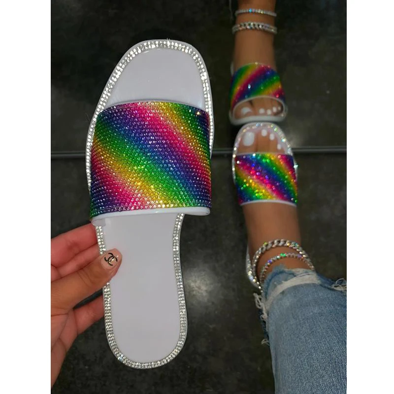 

New Summer Fashion Sexy Candy Color Roman Rhinestone Round Toe Open Toe Outdoor Large Size Flat Beach Female Slippers