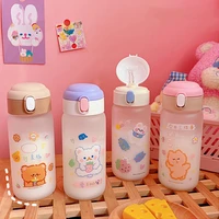 creative transparent glass water bottle with straw cartoon frosted leakproof travel drinkware cute kids student girl gift cups