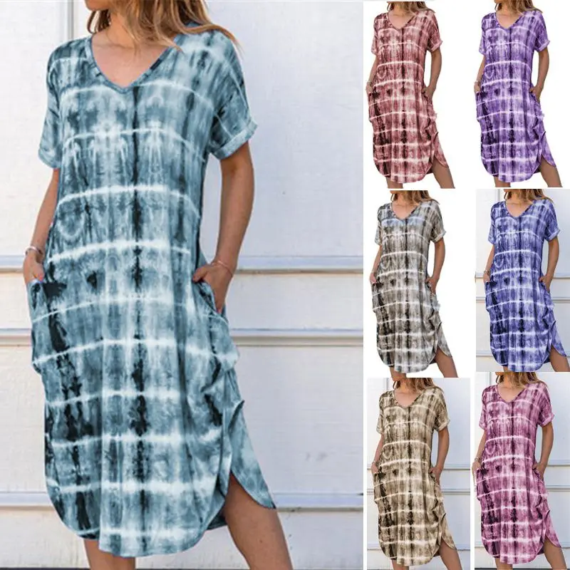 

Women New Summer Casual Dress Short Sleeve 2020 Tie-dye Print Mid Long Dress V-Neck Side Splited Pockets Dress Big Size Vestidos