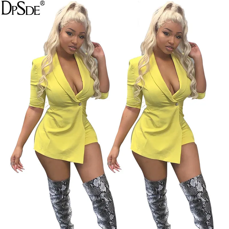 DPSDE Yellow Age Reduction Bodycon Playsuit V-Neck Full Sleeve Women Party Collect Waist Autumn New 2020 Sexy Catsuit | Женская одежда