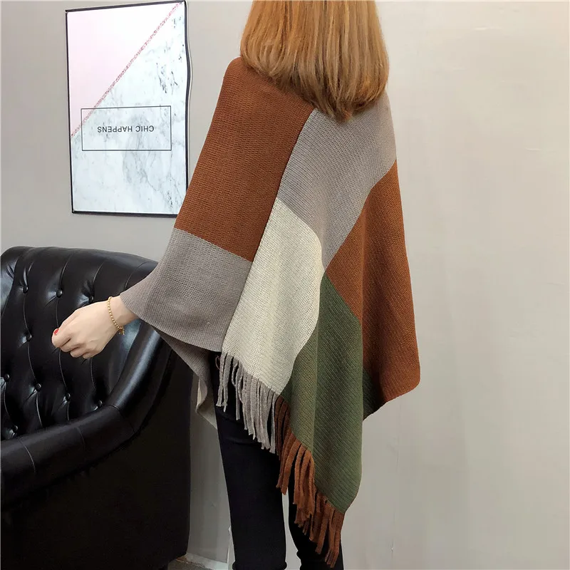 

Tassel Bat Sleeve Knit Shawls Cloak Female Color Patchwork Sweaters and Pullovers Women Casual Loose utumn Winter Streetwear