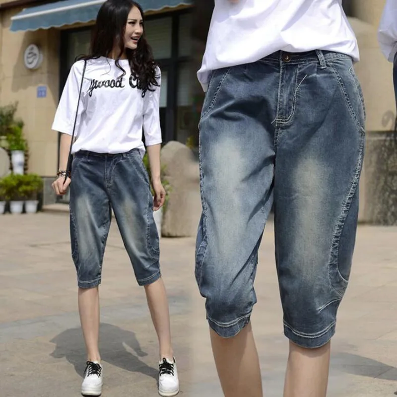 

Denim Capris Women Summer Loose Casual Jeans Mid Waist Blue Color Vintage Fashion Plus Size Jeans Capris Harem Pants J133