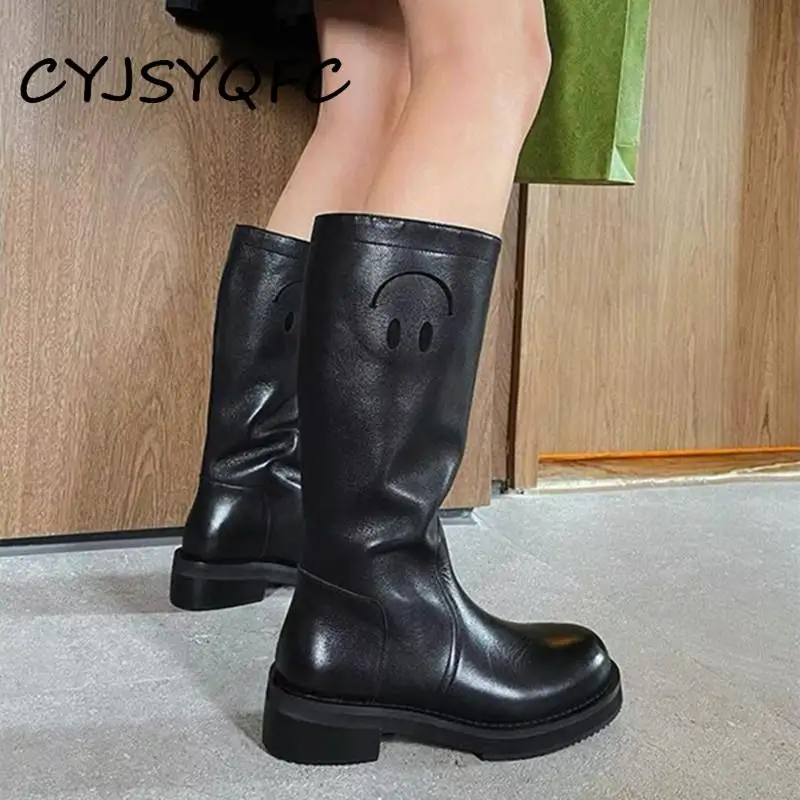 

CYJSYQFC Fashion Lovely Smiley Flat Platform Women Mid Calf Boots Round Toe Slip On High Quality Leather Mid Heels Martin Boots