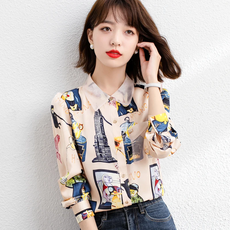 

Chikichi 2021 весна-осень новый стиль Корейская мода элегантный кукольный воротник шифоновая рубашка с длинными рукавами и принтом на пуговицах ...