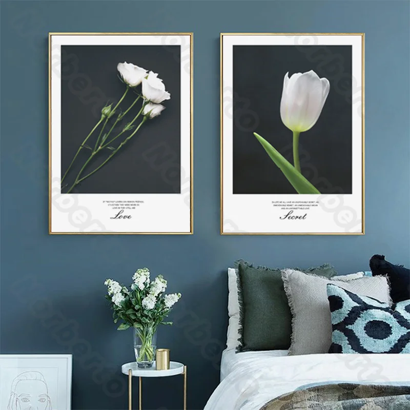 

Canvas Painting Poster Black Background White Flowers Fresh Green Plants Quota a Friend Is a Second Self Home Rooms Wall Decorat