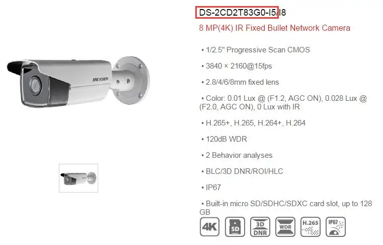 8 МП(4 K) ИК фиксированная пуля сетевая камера DS-2CD2T83G0-I5 Hikvision Оригинальная английская версия