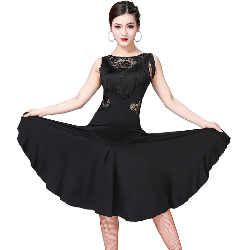 

Latin Dance Skirt Tassels Lace Neckline Latin Rumba Dance Skirt Performance Exercise Clothes