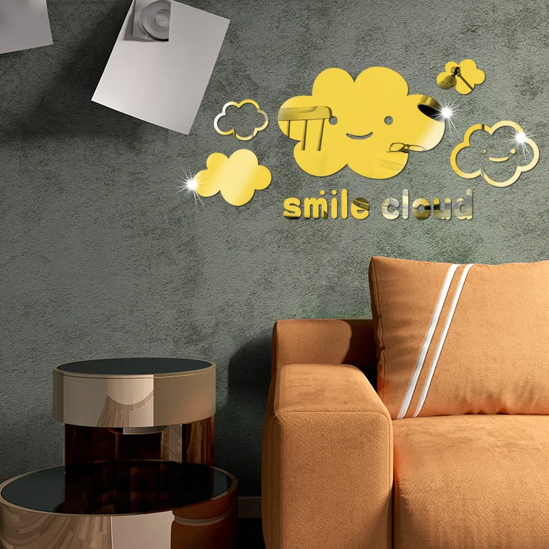 3D акриловая Зеркальная Наклейка на стену со смайликами в форме облаков съемный