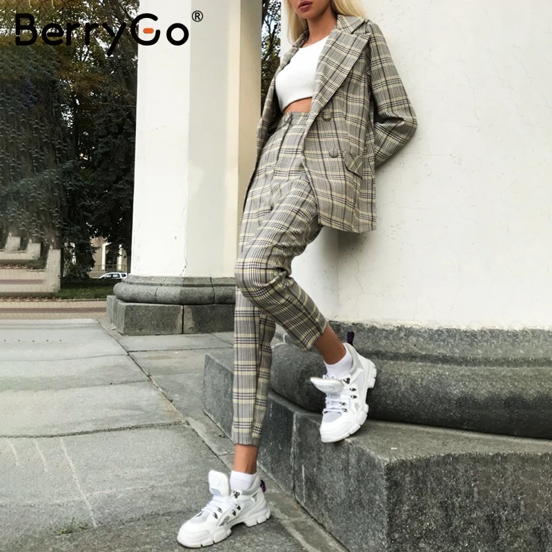 BerryGo офисный женский клетчатый Блейзер, комплект из двух предметов, двубортный женский Блейзер, брюки, костюмы, Повседневная Уличная одежда, женские брюки, набор