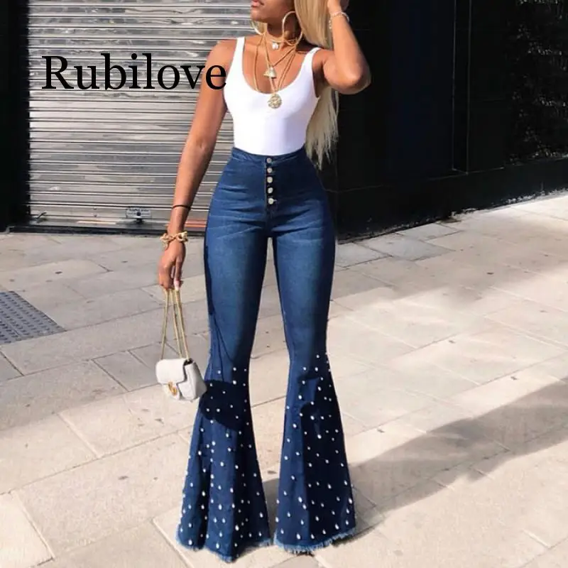 

Sparkly Rhinestones Sexy Denim Trouser Women High Waist Bodycon Bell-Bottomed Pants Streetwear Ladies Buttons Up Long Flare Jean