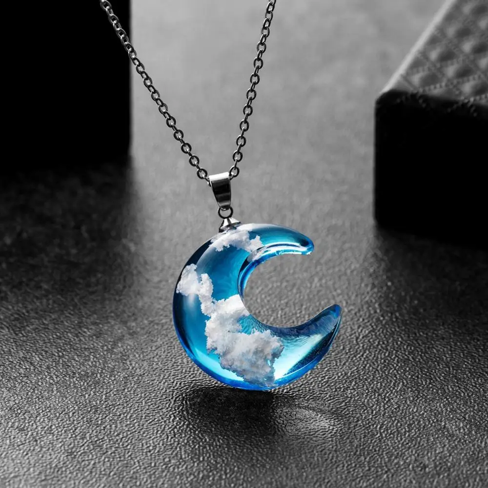 

RONGQING 12pcs/lot fashion Handmade blue sky white clouds resin Moon charm pendant necklace jewelry 2019 DIY