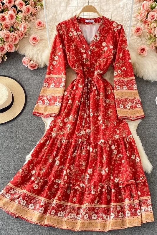

New Bohemian V-neck Floral Dress Women Autumn Super Fairy Holiday Long Sleeve Beach Dress 2021 Big Swing Flower Boho Dress