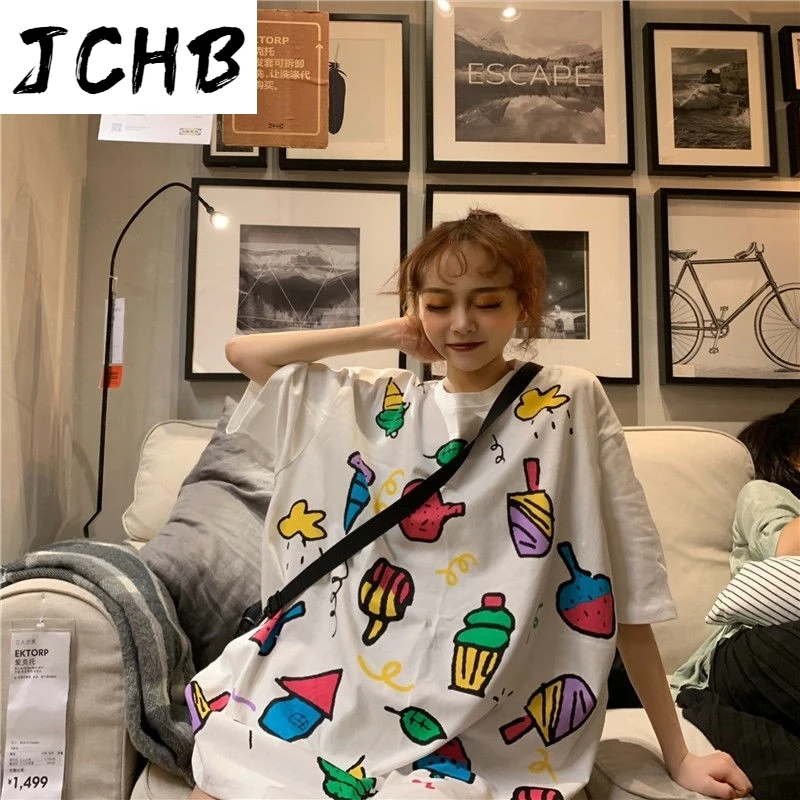 

2021 Harajuku Kawaii Cartoon Printing Preppy Student Style t Shirt Short Sleeve Oversized Womens Clothing New O-neck T-shirt
