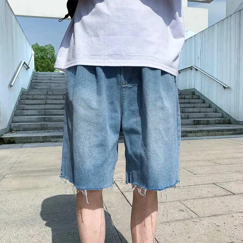 

Men Casual Shorts Loose Summer Solid Denim Trousers Button Up Student Streetwear Fashion Korean Style All-match Male Bottoms New