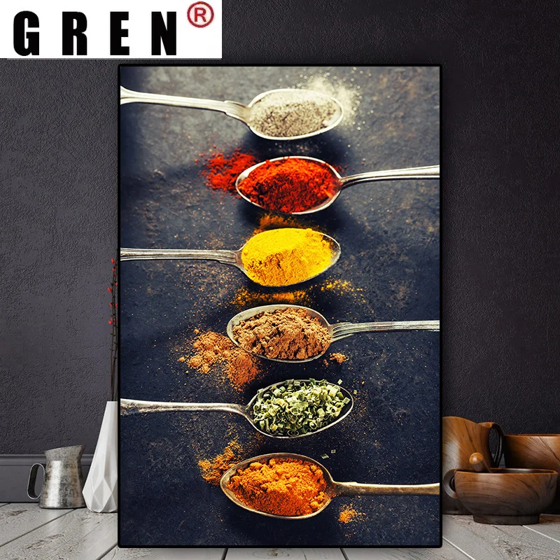 

GREN Kitchen Grains Spices Peppers Spoon Posters Canvas Painting Modern Wall Art Pictures for Living Room Sofa Home Decoration