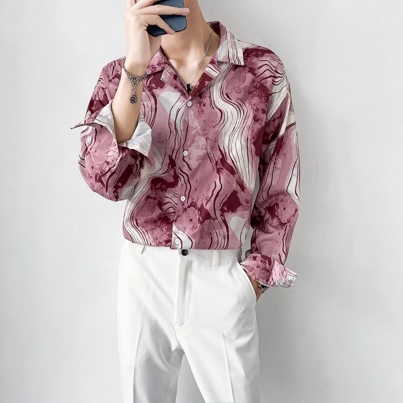 2021 Autumn Printed Shirt for Men Long Sleeve Loose Casual Shirt Korean Streetwear Social Party Tuxedo Nightclub Chemise Homme