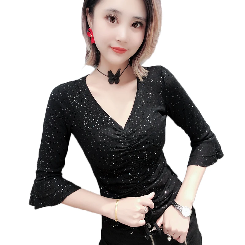 Европейская Сексуальная футболка с оборками и v-образным вырезом на шнуровке