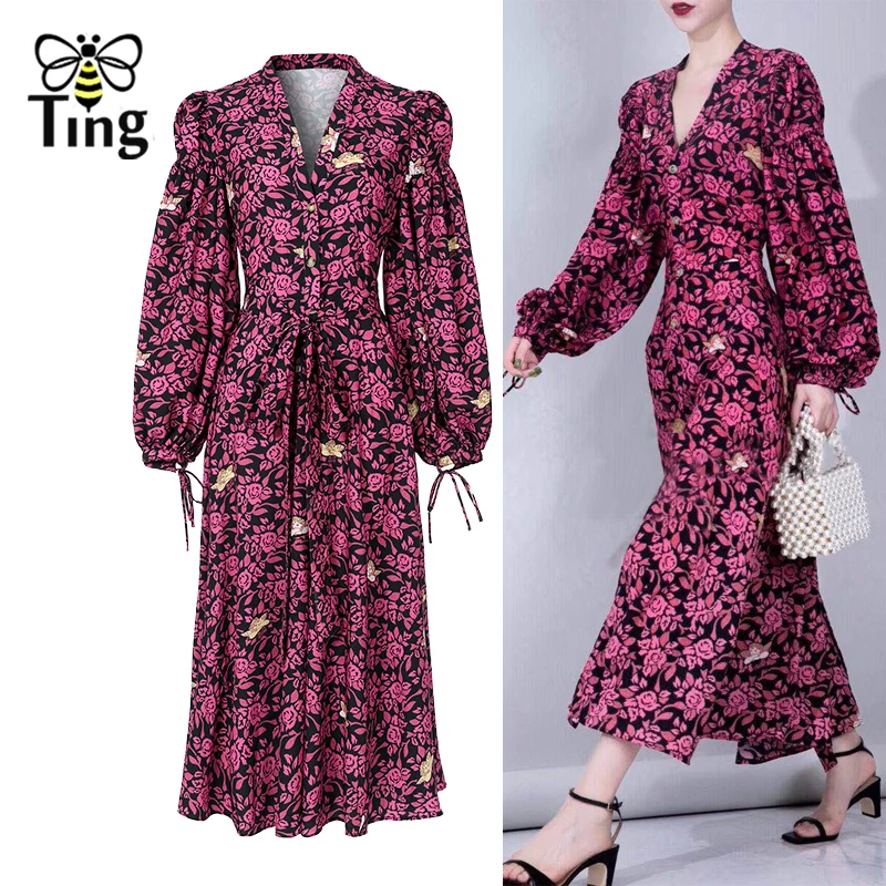 Дизайнерское модельное платье миди Tingfly с цветочным принтом Длинные вечерние