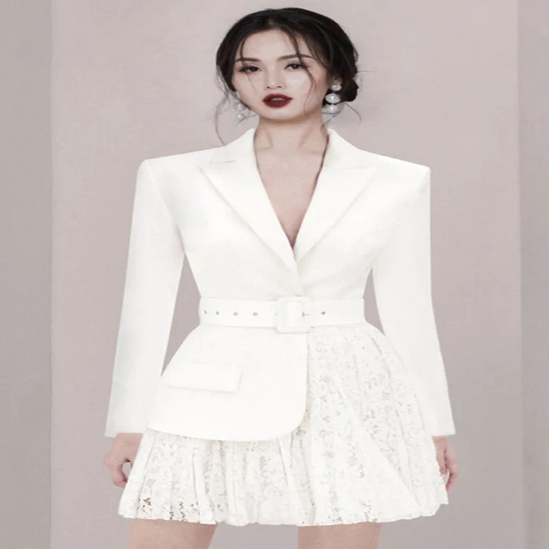 

2021 spring and autumn new white suit women's fashion casual stitching dress skirt